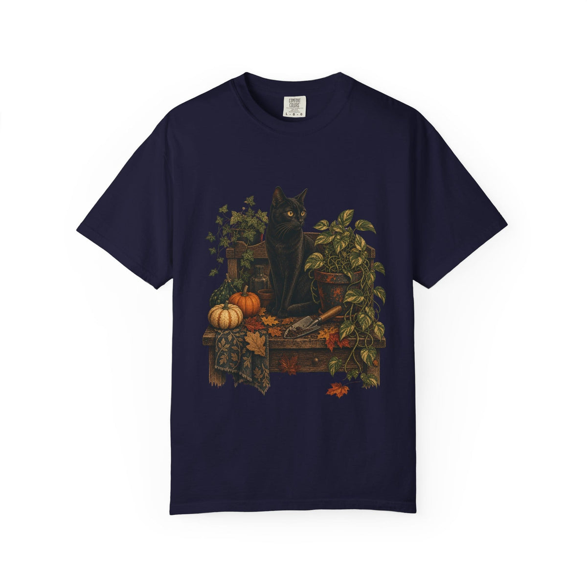 Botanical Vibes T-Shirt Pepper / L Black Cat Potting Bench T-Shirt - Fall Houseplant Art
