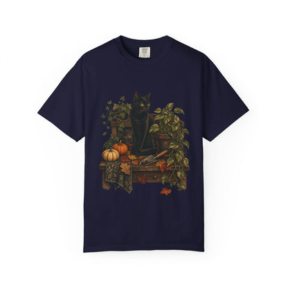 Botanical Vibes T-Shirt Pepper / L Black Cat Potting Bench T-Shirt - Fall Houseplant Art