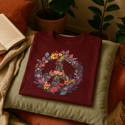 Printify T-Shirt Rainbow Peace Sign Floral T-Shirt – Pastel Garden Wreath Tee | Eco-Friendly Plant Lover Gift | Sustainable Unisex Tee