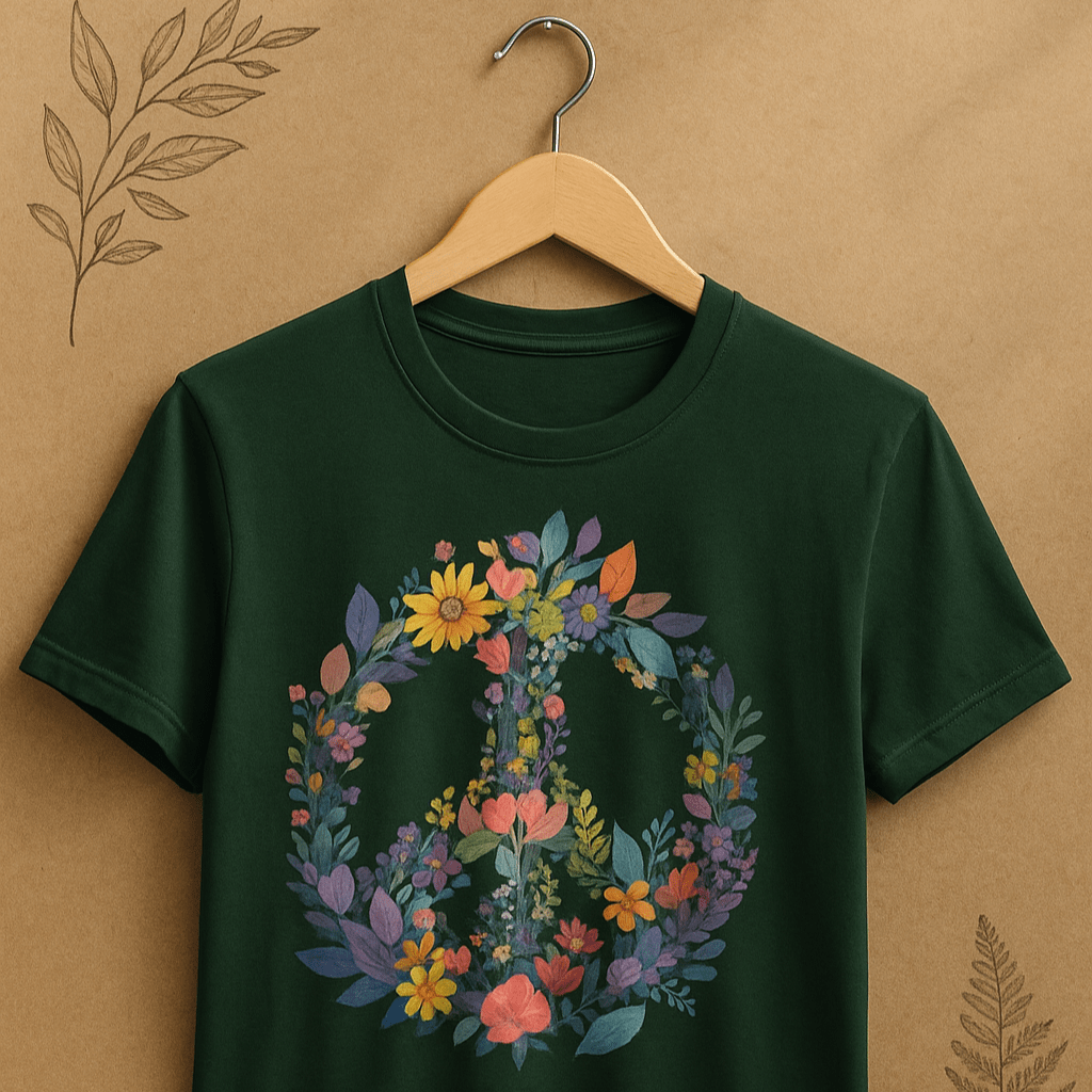 Printify T-Shirt Rainbow Peace Sign Floral T-Shirt – Pastel Garden Wreath Tee | Eco-Friendly Plant Lover Gift | Sustainable Unisex Tee