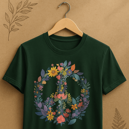 Printify T-Shirt Rainbow Peace Sign Floral T-Shirt – Pastel Garden Wreath Tee | Eco-Friendly Plant Lover Gift | Sustainable Unisex Tee
