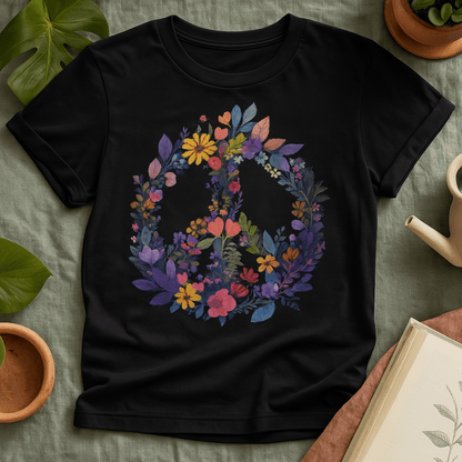 Printify T-Shirt Rainbow Peace Sign Floral T-Shirt – Pastel Garden Wreath Tee | Eco-Friendly Plant Lover Gift | Sustainable Unisex Tee