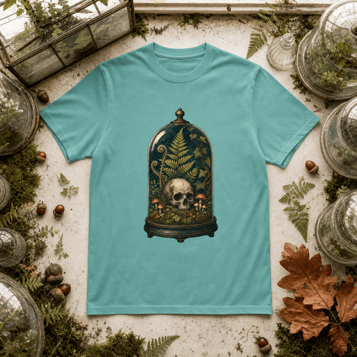 Botanical Vibes T-Shirt Seafoam / S Skull Terrarium Fern T-Shirt - Gothic Houseplant Art