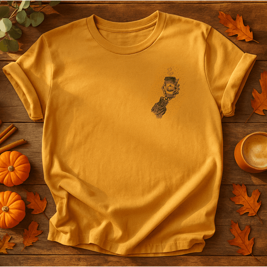 Printify T-Shirt Skeleton Pumpkin Coffee Shirt – Left-Chest Graphic | Unisex Cotton