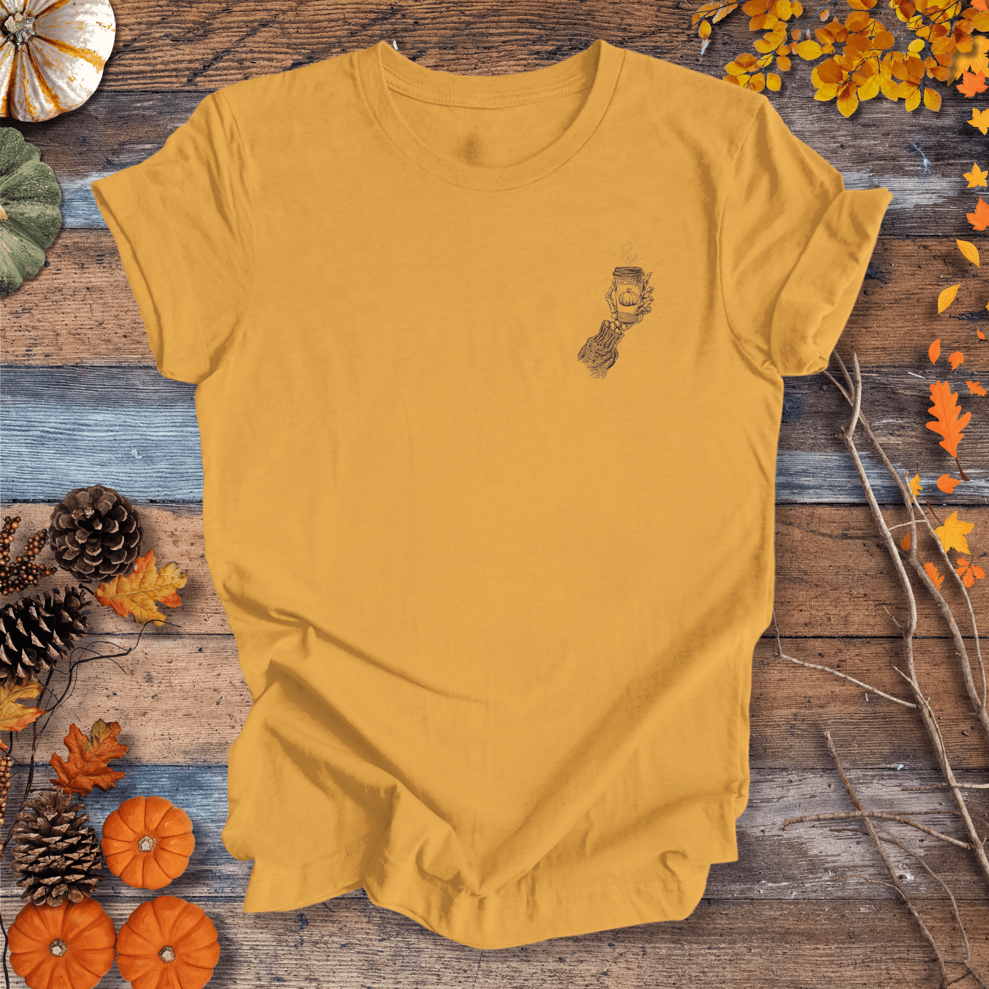 Printify T-Shirt Skeleton Pumpkin Coffee Shirt – Left-Chest Graphic | Unisex Cotton