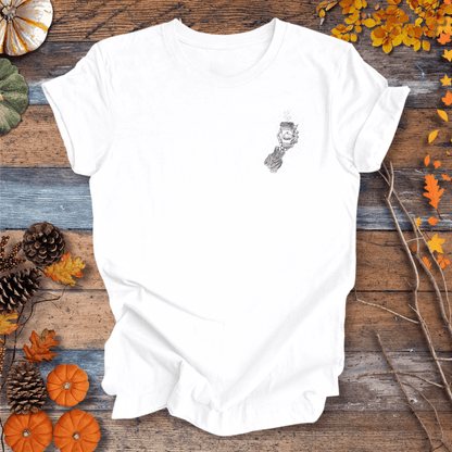 Printify T-Shirt Skeleton Pumpkin Coffee Shirt – Left-Chest Graphic | Unisex Cotton