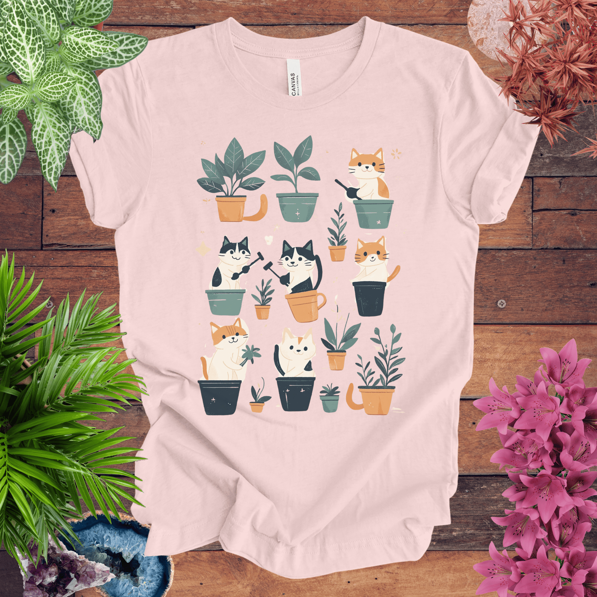 Printify T-Shirt Soft Pink / S Curious Cats and Houseplants T-Shirt