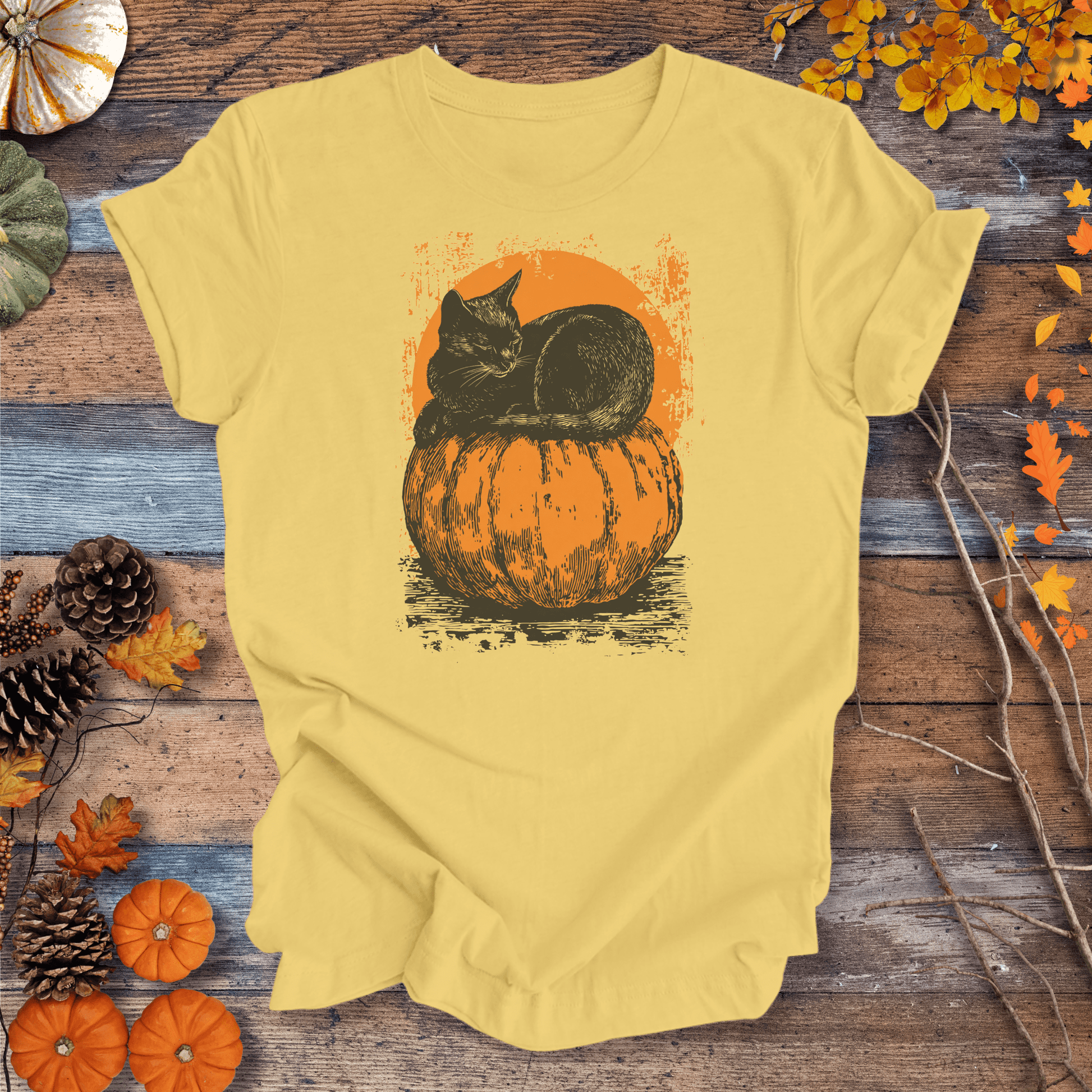 Printify T-Shirt Solid Banana Cream / S Moonlit Black Cat & Pumpkin Tee | Unisex Cotton