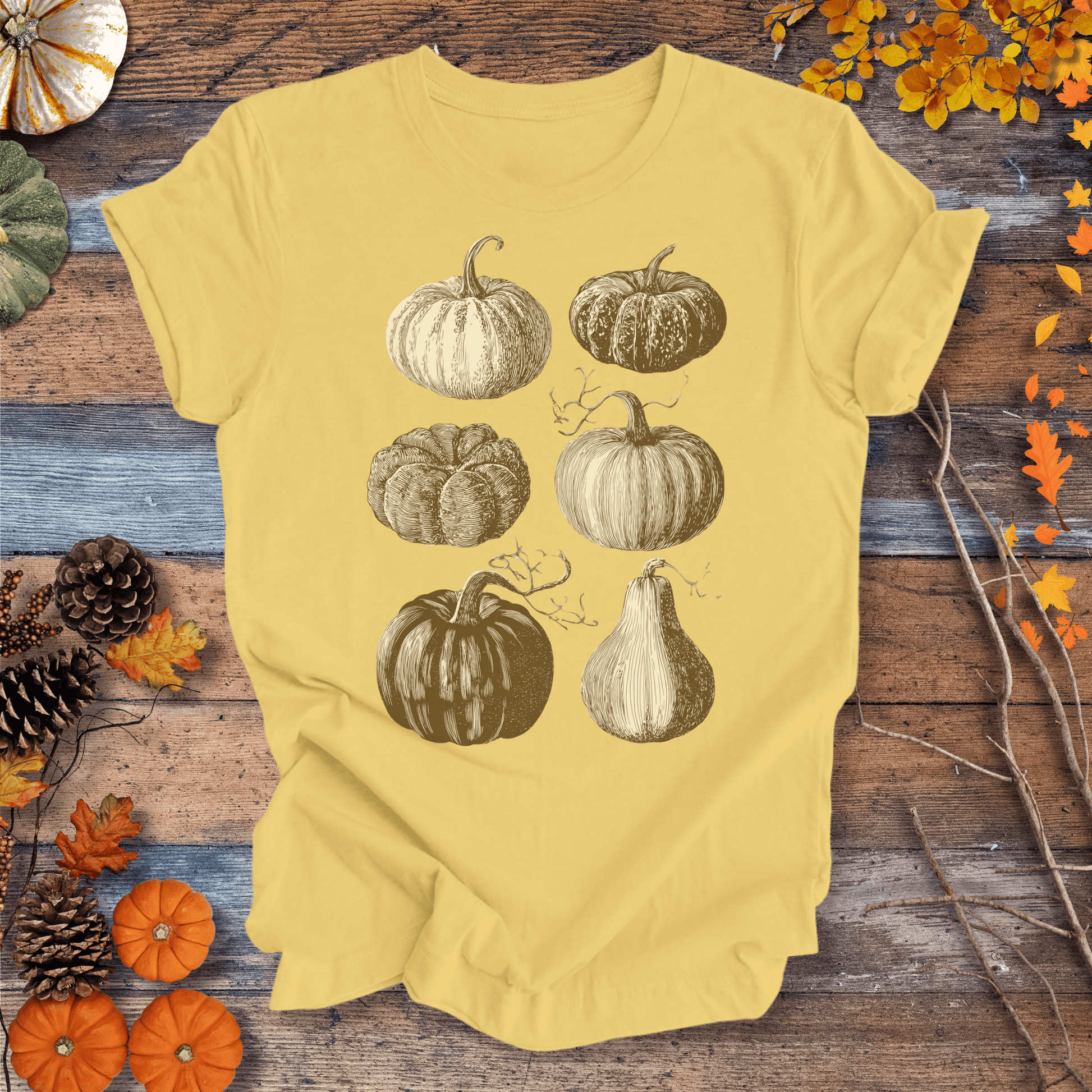 Printify T-Shirt Solid Banana Cream / S Vintage Pumpkin Art T-Shirt – Botanical Fall Shirt | Unisex Cotton