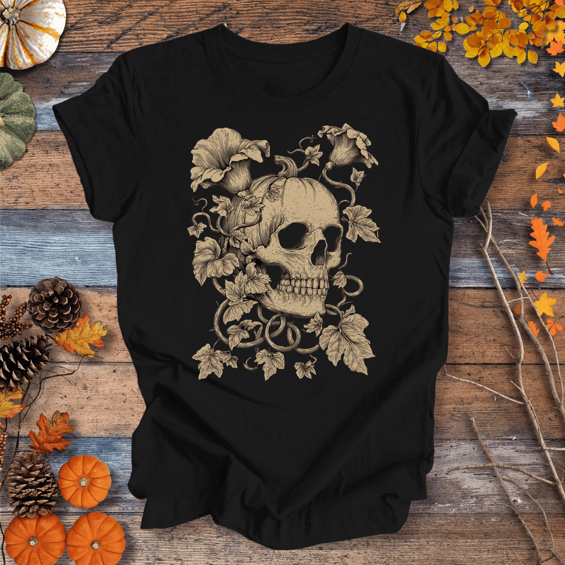 Printify T-Shirt Solid Black / XS Botanical Skull & Pumpkin Vines Shirt – Halloween | Unisex Cotton