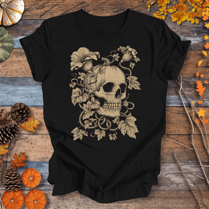 Printify T-Shirt Solid Black / XS Botanical Skull & Pumpkin Vines Shirt – Halloween | Unisex Cotton