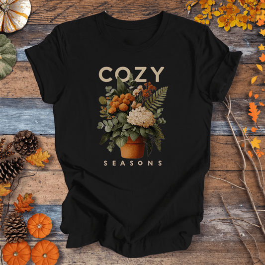 Printify T-Shirt Solid Black / XS Cozy Seasons Botanical Shirt – Fall Plant Lover Tee | Unisex