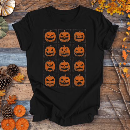 Printify T-Shirt Solid Black / XS Jack-O’-Lantern Faces Halloween Shirt – Vintage Pumpkin Tee