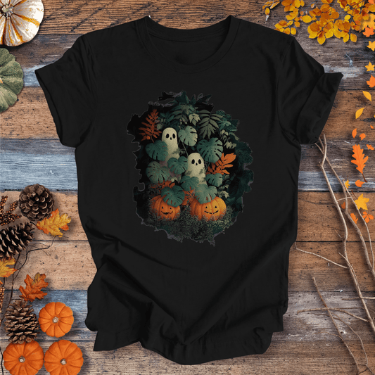 Printify T-Shirt Solid Black / XS Monstera Ghosts & Pumpkins – Halloween Houseplant Shirt (Unisex)