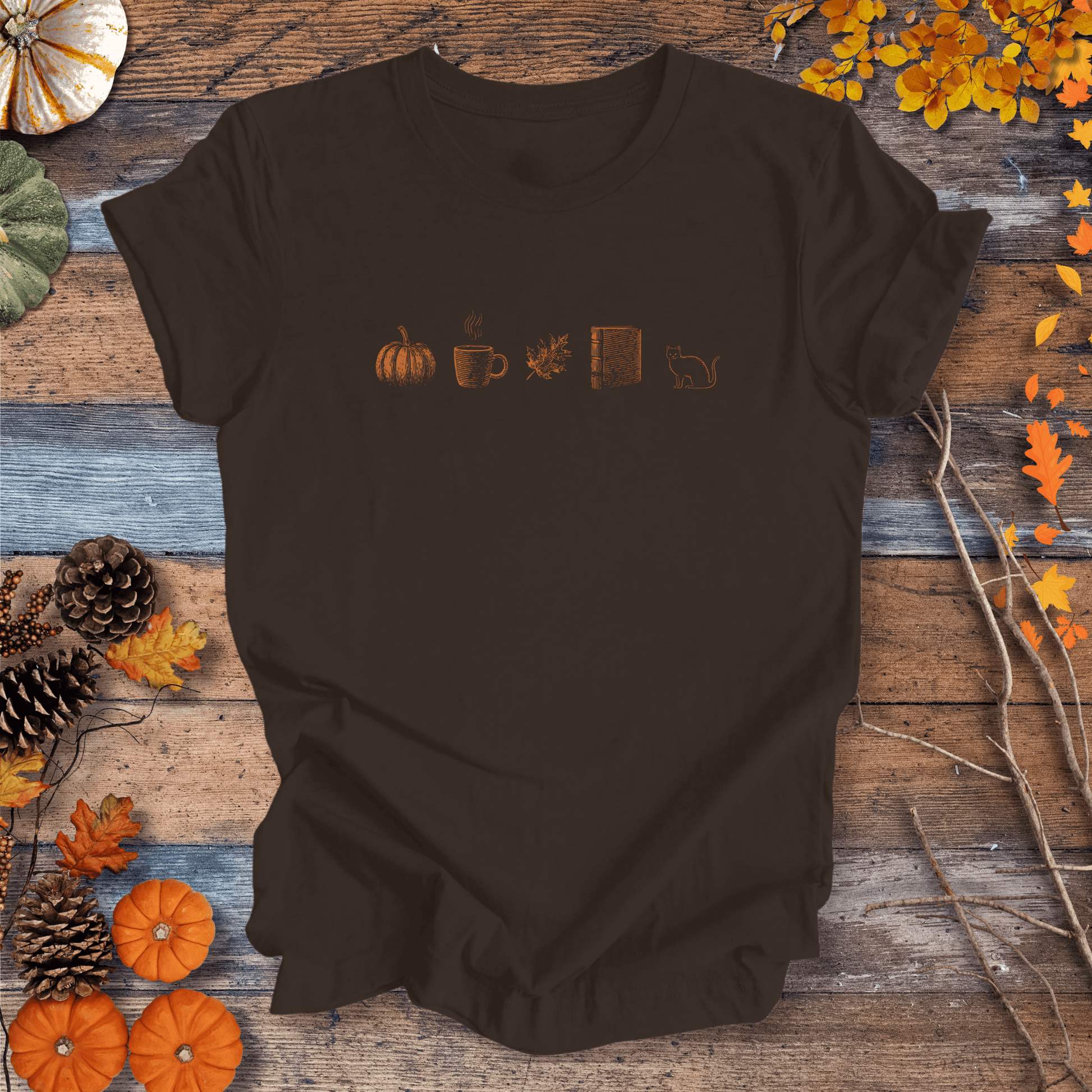 Printify T-Shirt Solid Dark Chocolate / S Autumn Icons Row Shirt – Pumpkin Coffee Leaf Book Cat | Unisex Cotton