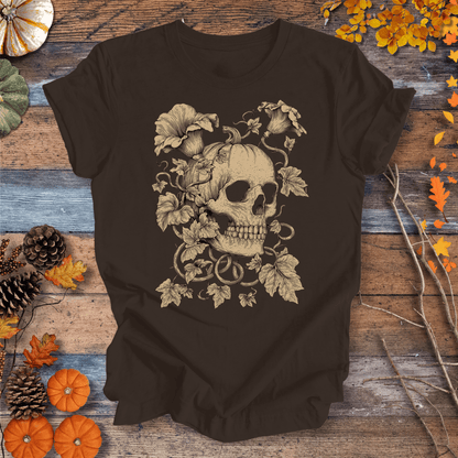Printify T-Shirt Solid Dark Chocolate / S Botanical Skull & Pumpkin Vines Shirt – Halloween | Unisex Cotton