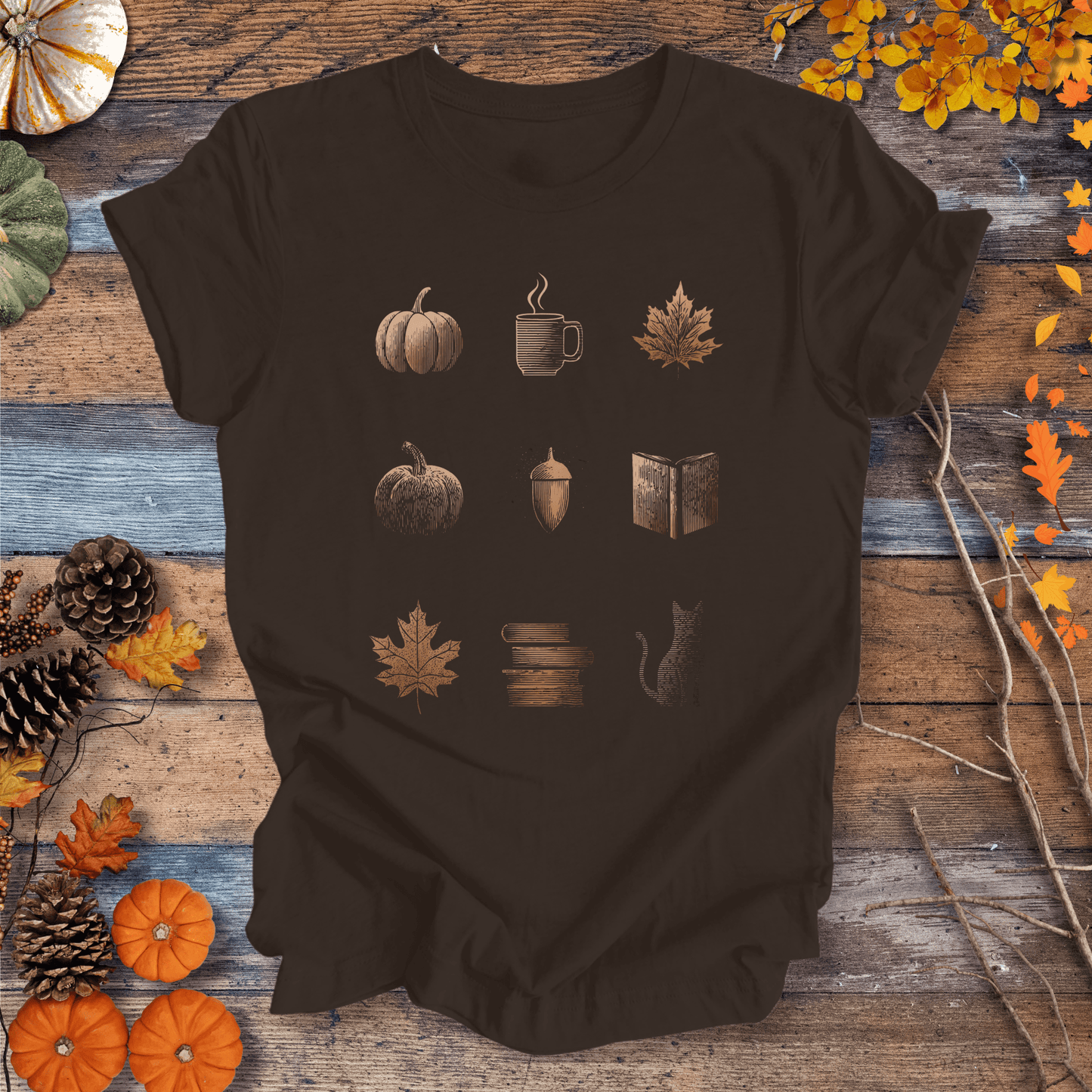 Printify T-Shirt Solid Dark Chocolate / S Cozy Fall Icons Shirt – Pumpkin, Coffee & Cat Tee | Unisex