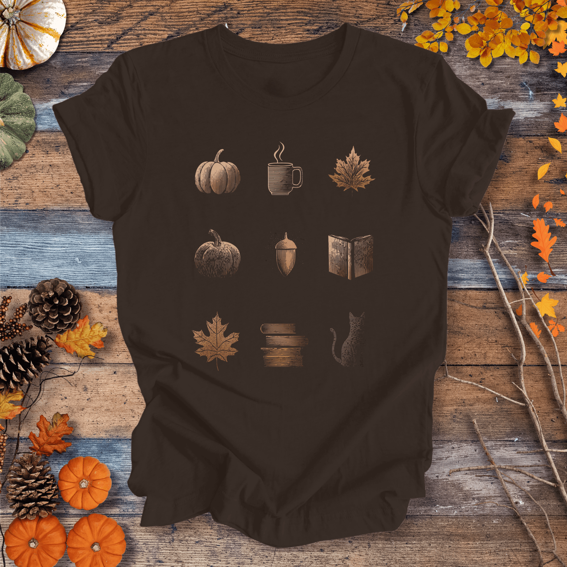Printify T-Shirt Solid Dark Chocolate / S Cozy Fall Icons Shirt – Pumpkin, Coffee & Cat Tee | Unisex