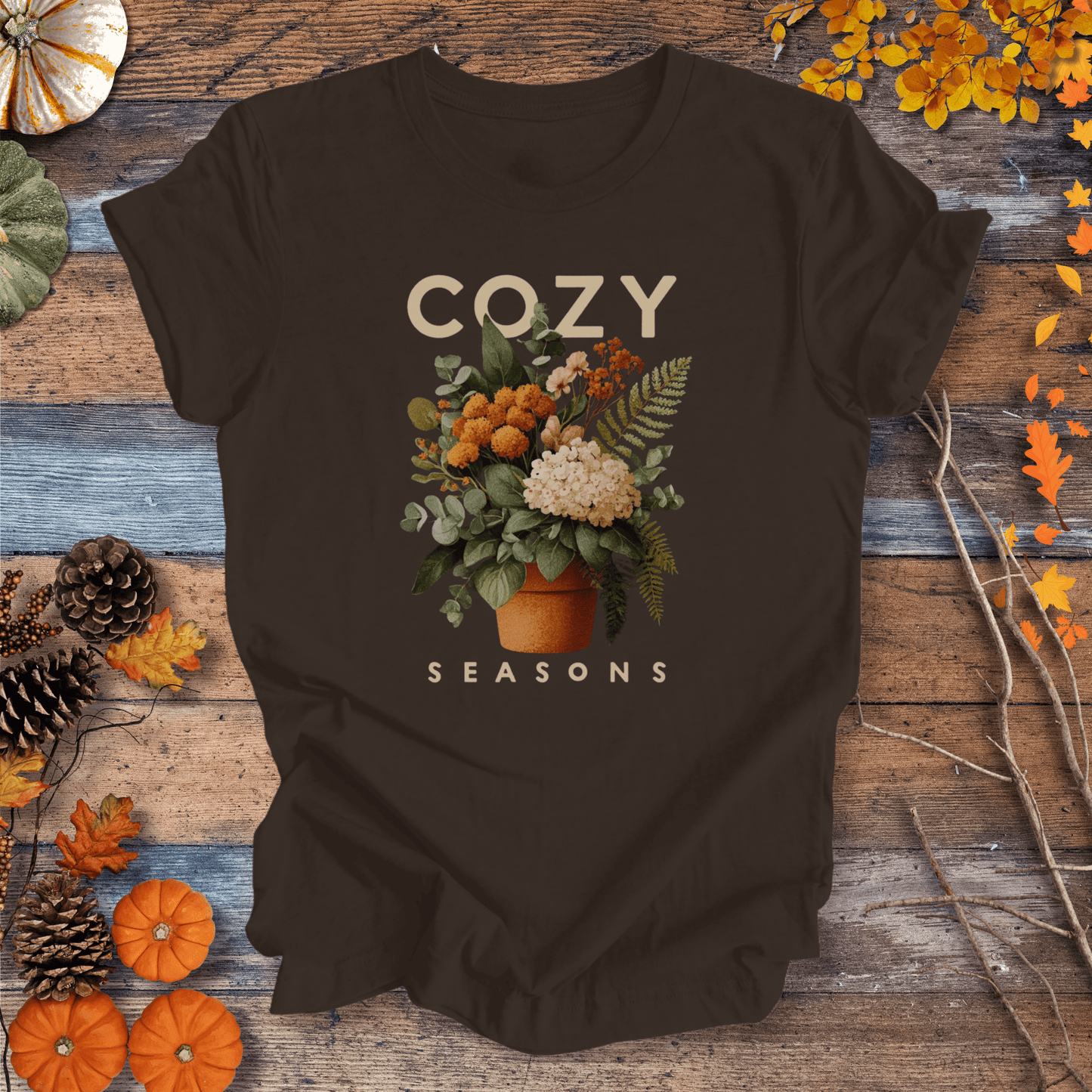 Printify T-Shirt Solid Dark Chocolate / S Cozy Seasons Botanical Shirt – Fall Plant Lover Tee | Unisex