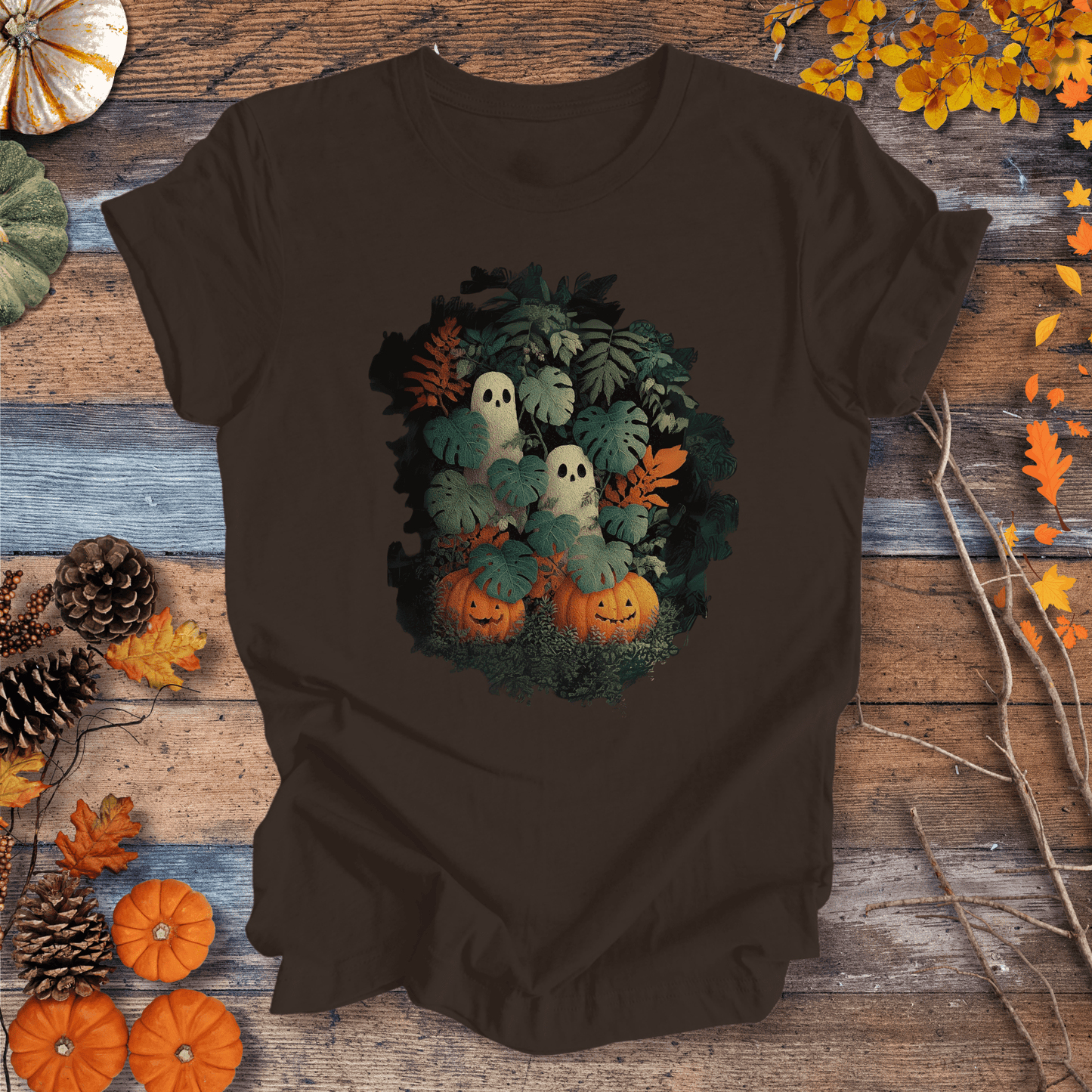 Printify T-Shirt Solid Dark Chocolate / S Monstera Ghosts & Pumpkins – Halloween Houseplant Shirt (Unisex)