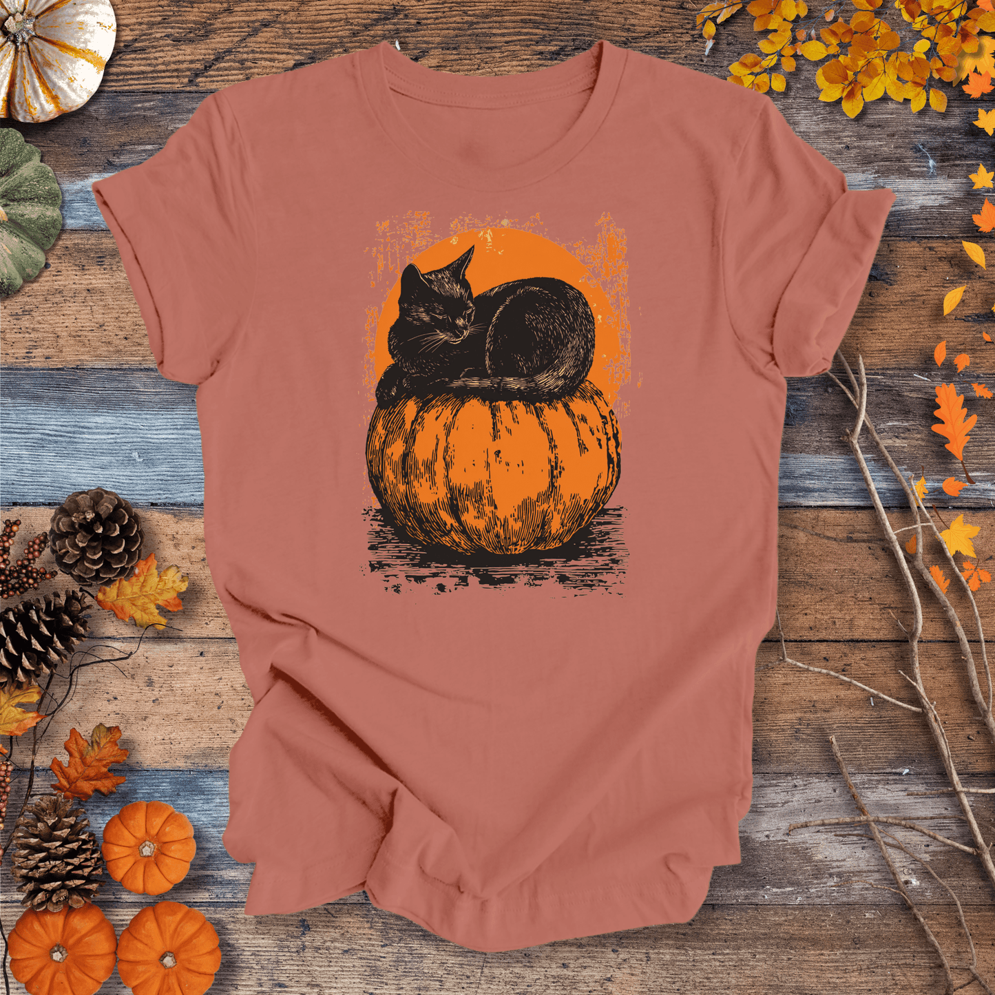 Printify T-Shirt Solid Desert Pink / S Moonlit Black Cat & Pumpkin Tee | Unisex Cotton