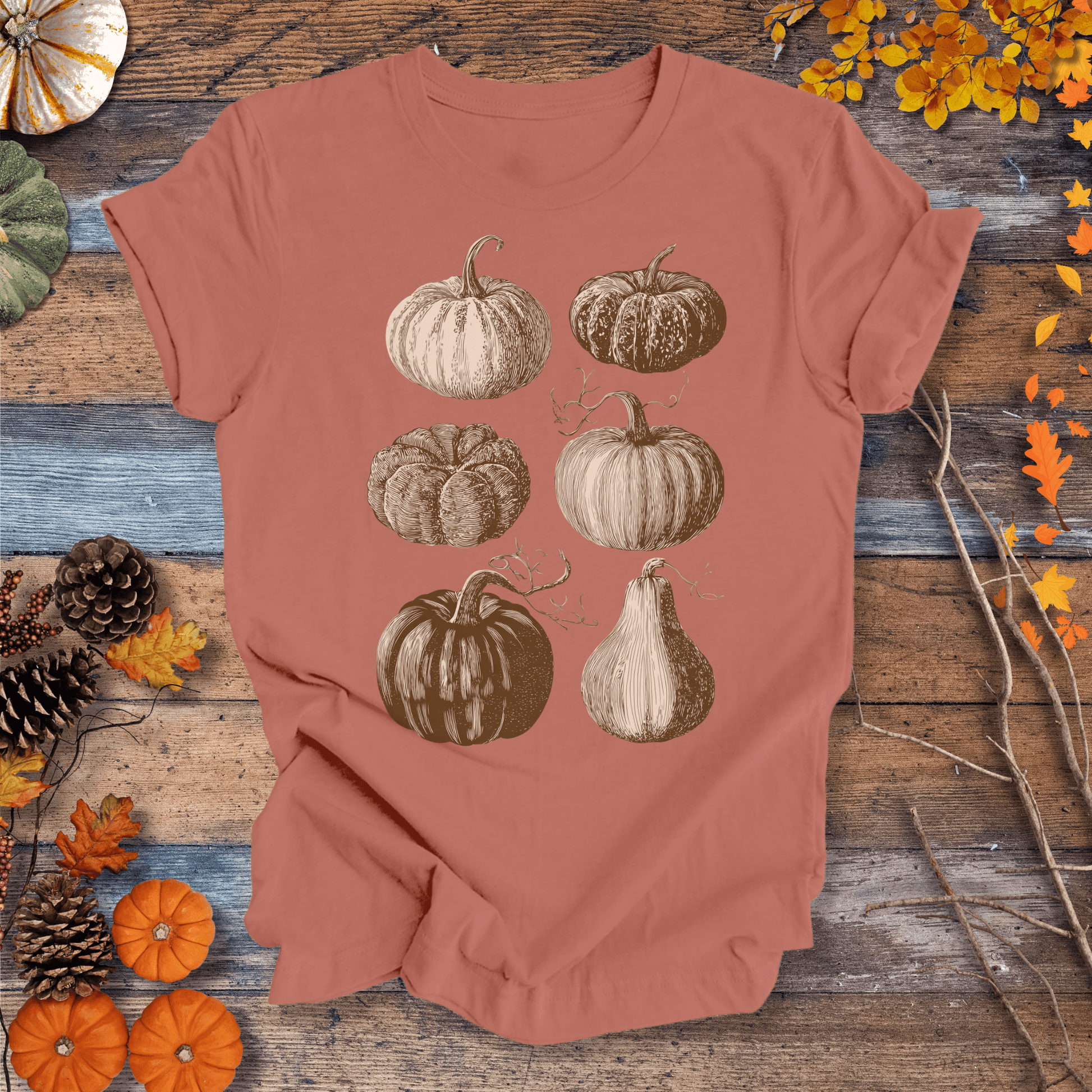 Printify T-Shirt Solid Desert Pink / S Vintage Pumpkin Art T-Shirt – Botanical Fall Shirt | Unisex Cotton