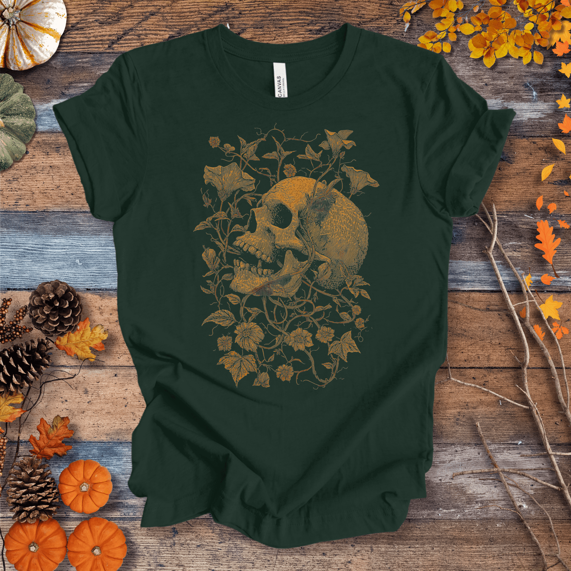 Printify T-Shirt Solid Forest Green / S Botanical Skull & Vines Halloween Shirt – Unisex Cotton