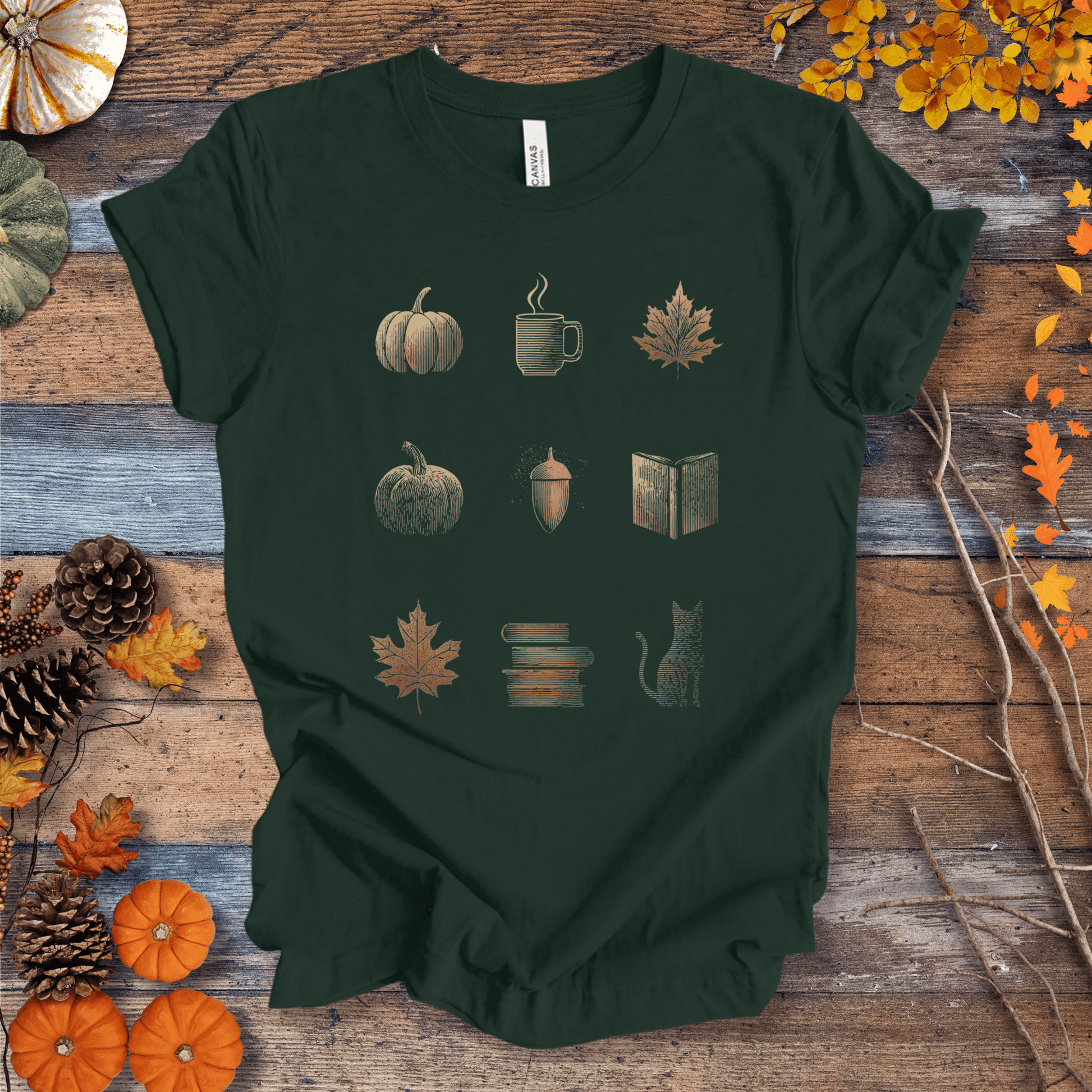 Printify T-Shirt Solid Forest Green / S Cozy Fall Icons Shirt – Pumpkin, Coffee & Cat Tee | Unisex