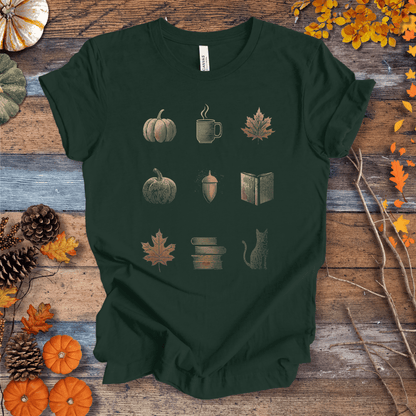 Printify T-Shirt Solid Forest Green / S Cozy Fall Icons Shirt – Pumpkin, Coffee & Cat Tee | Unisex