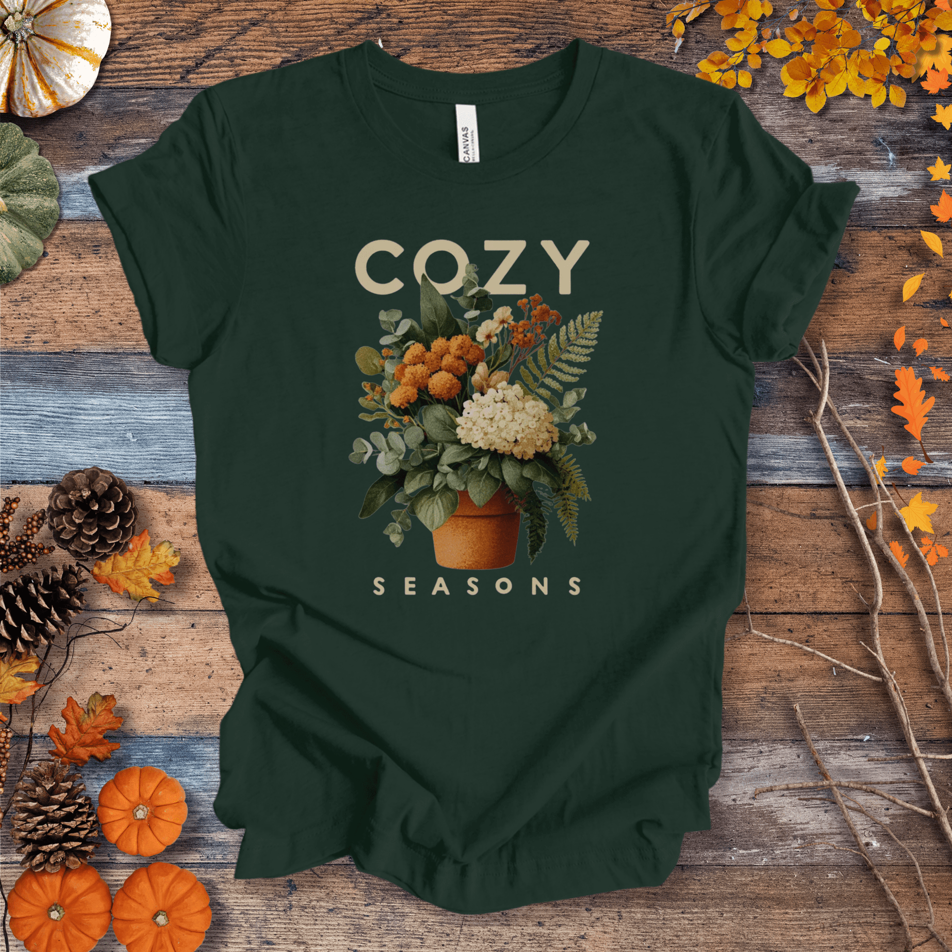 Printify T-Shirt Solid Forest Green / S Cozy Seasons Botanical Shirt – Fall Plant Lover Tee | Unisex