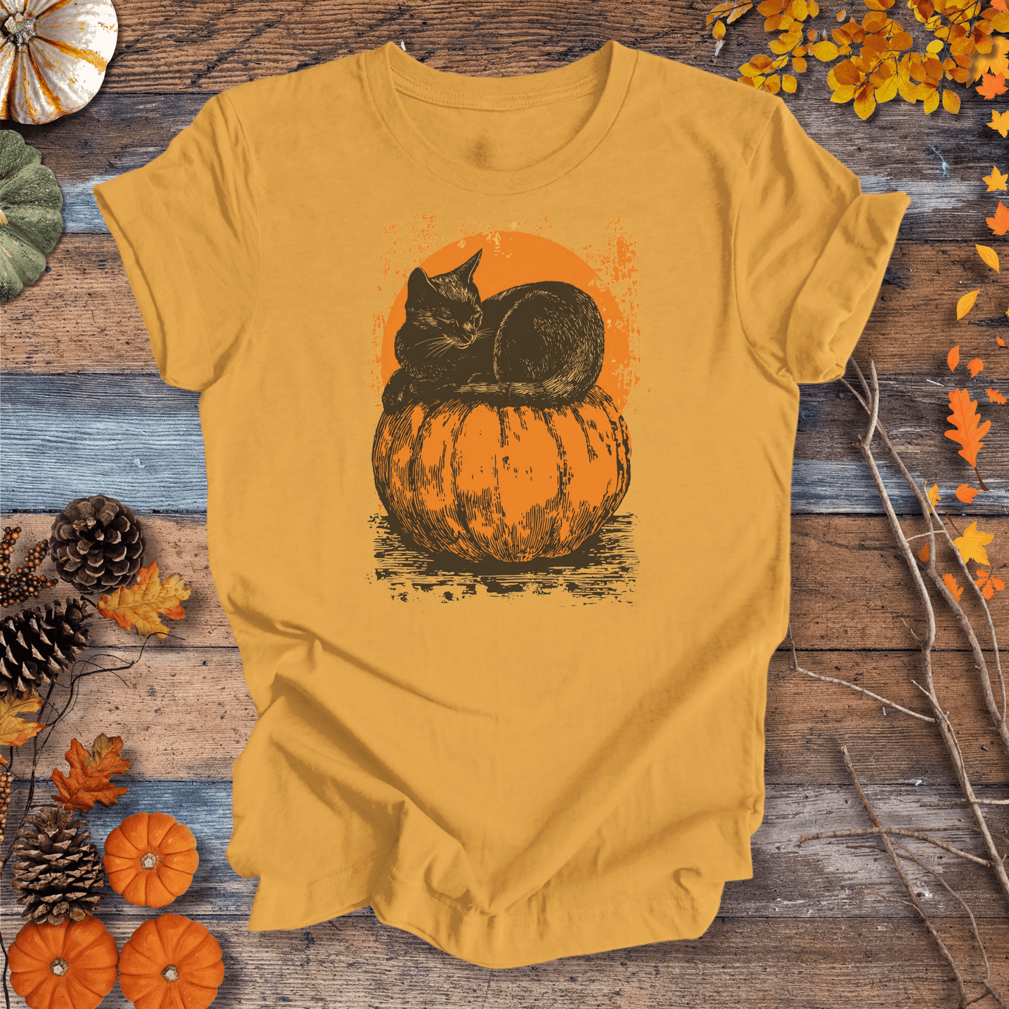 Printify T-Shirt Solid Gold / S Moonlit Black Cat & Pumpkin Tee | Unisex Cotton