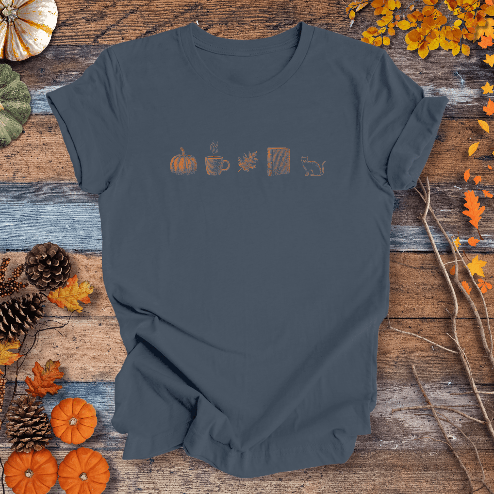 Printify T-Shirt Solid Indigo / S Autumn Icons Row Shirt – Pumpkin Coffee Leaf Book Cat | Unisex Cotton