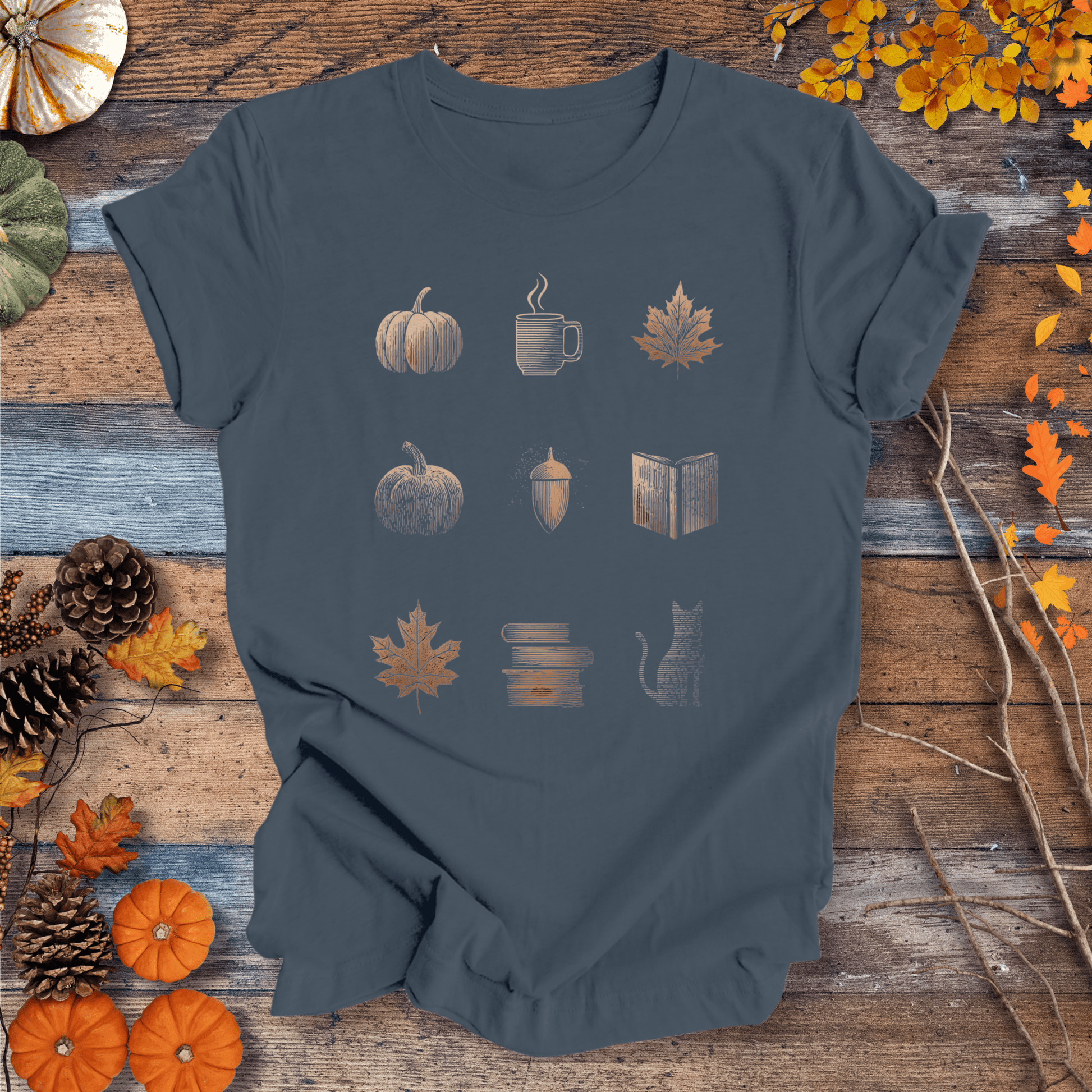 Printify T-Shirt Solid Indigo / S Cozy Fall Icons Shirt – Pumpkin, Coffee & Cat Tee | Unisex