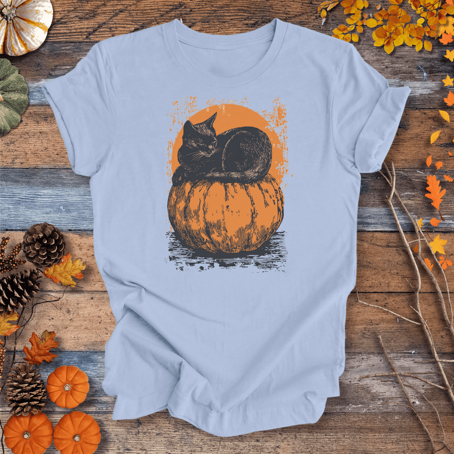 Printify T-Shirt Solid Light Blue / S Moonlit Black Cat & Pumpkin Tee | Unisex Cotton