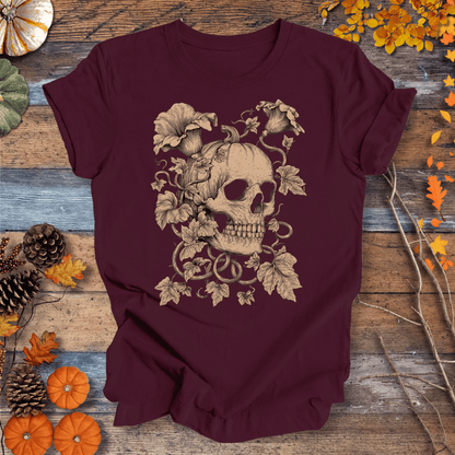 Printify T-Shirt Solid Maroon / S Botanical Skull & Pumpkin Vines Shirt – Halloween | Unisex Cotton