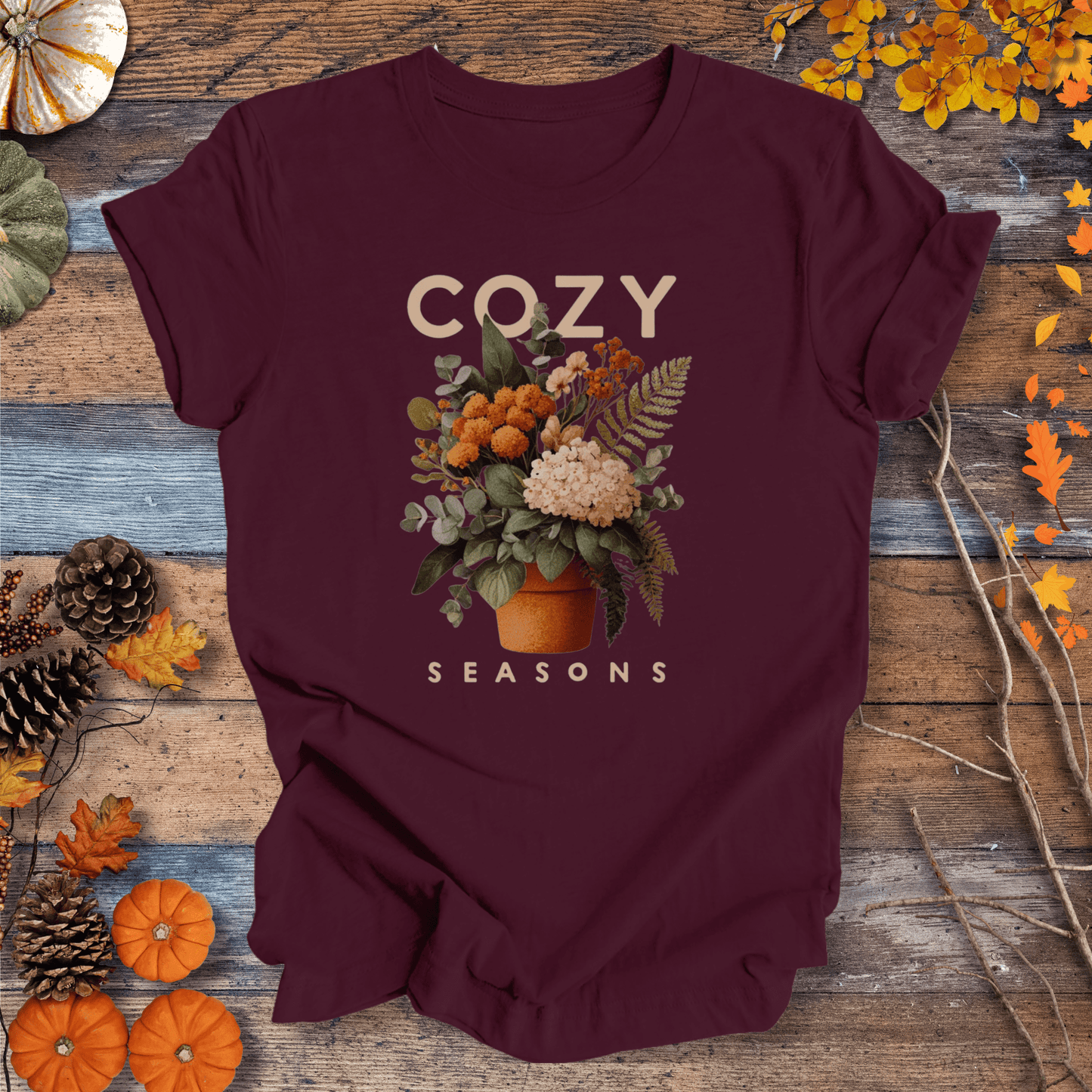 Printify T-Shirt Solid Maroon / S Cozy Seasons Botanical Shirt – Fall Plant Lover Tee | Unisex