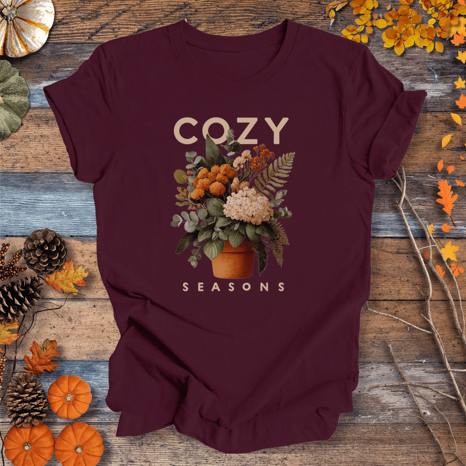 Printify T-Shirt Solid Maroon / S Cozy Seasons Botanical Shirt – Fall Plant Lover Tee | Unisex
