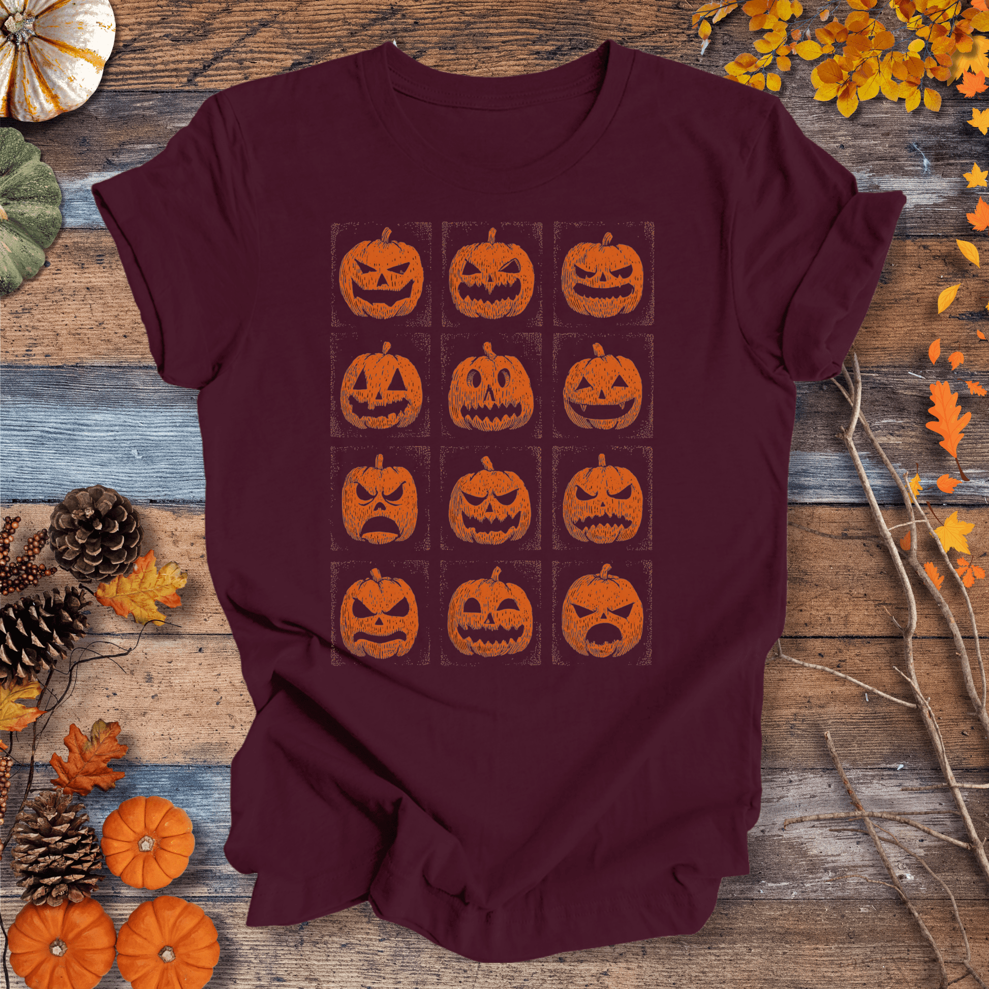 Printify T-Shirt Solid Maroon / S Jack-O’-Lantern Faces Halloween Shirt – Vintage Pumpkin Tee