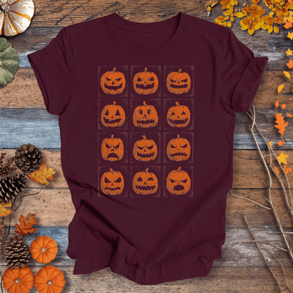 Printify T-Shirt Solid Maroon / S Jack-O’-Lantern Faces Halloween Shirt – Vintage Pumpkin Tee