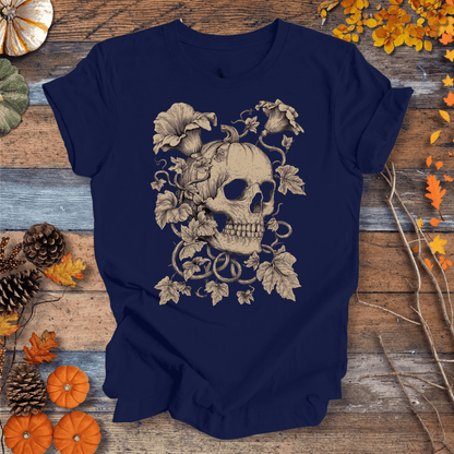 Printify T-Shirt Solid Midnight Navy / XS Botanical Skull & Pumpkin Vines Shirt – Halloween | Unisex Cotton