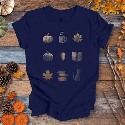 Printify T-Shirt Solid Midnight Navy / XS Cozy Fall Icons Shirt – Pumpkin, Coffee & Cat Tee | Unisex