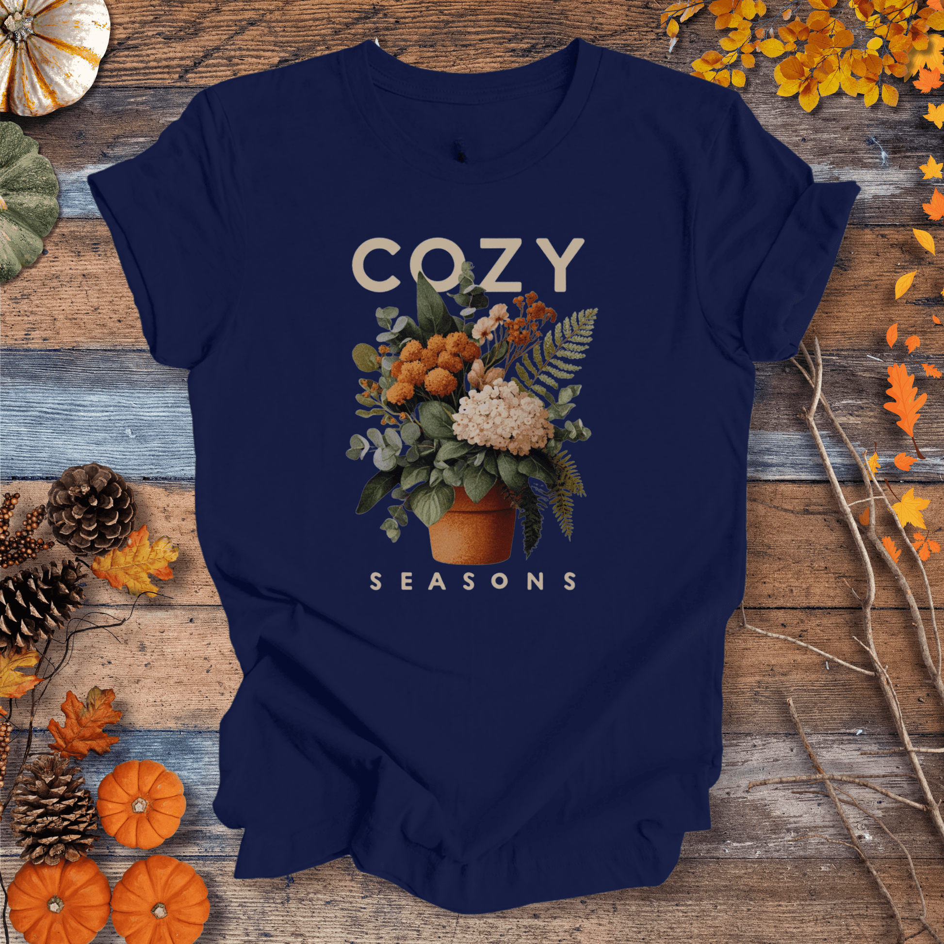Printify T-Shirt Solid Midnight Navy / XS Cozy Seasons Botanical Shirt – Fall Plant Lover Tee | Unisex