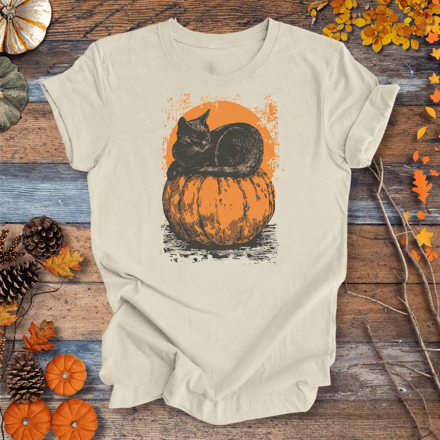 Printify T-Shirt Solid Natural / S Moonlit Black Cat & Pumpkin Tee | Unisex Cotton