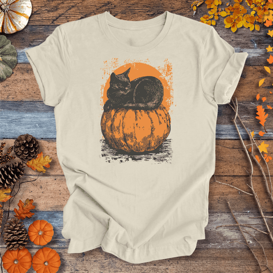 Printify T-Shirt Solid Natural / S Moonlit Black Cat & Pumpkin Tee | Unisex Cotton