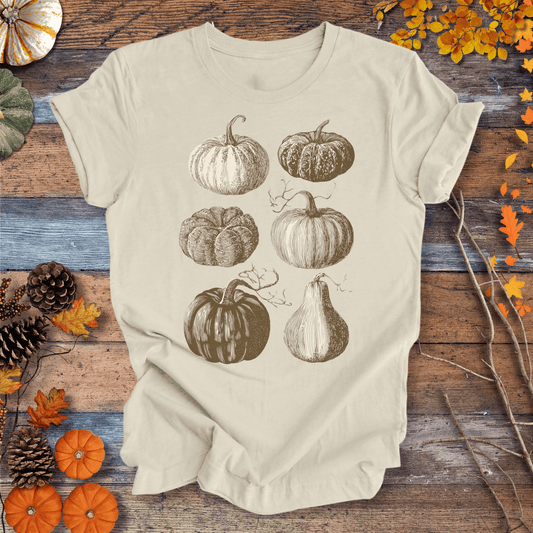Printify T-Shirt Solid Natural / S Vintage Pumpkin Art T-Shirt – Botanical Fall Shirt | Unisex Cotton