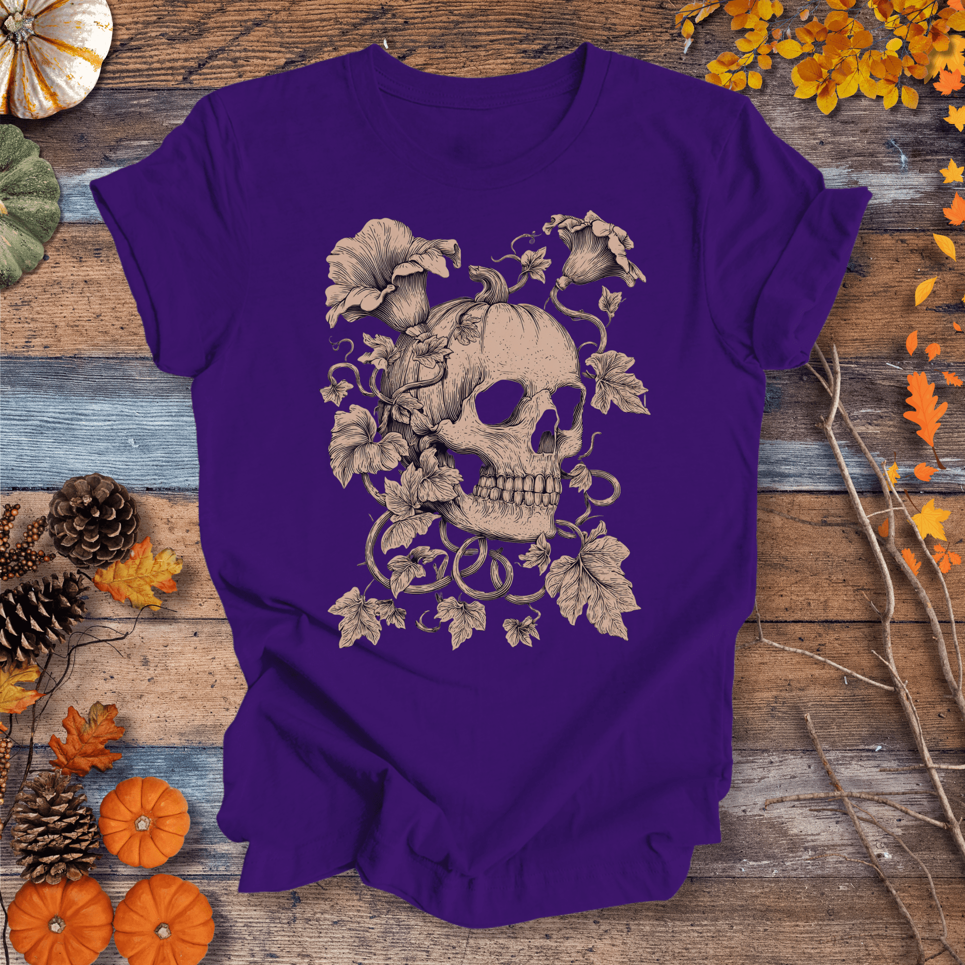 Printify T-Shirt Solid Purple Rush / S Botanical Skull & Pumpkin Vines Shirt – Halloween | Unisex Cotton