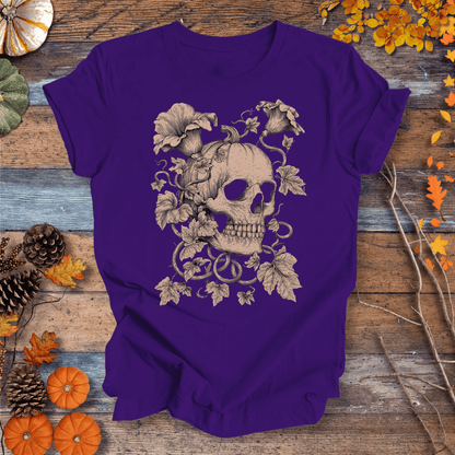 Printify T-Shirt Solid Purple Rush / S Botanical Skull & Pumpkin Vines Shirt – Halloween | Unisex Cotton