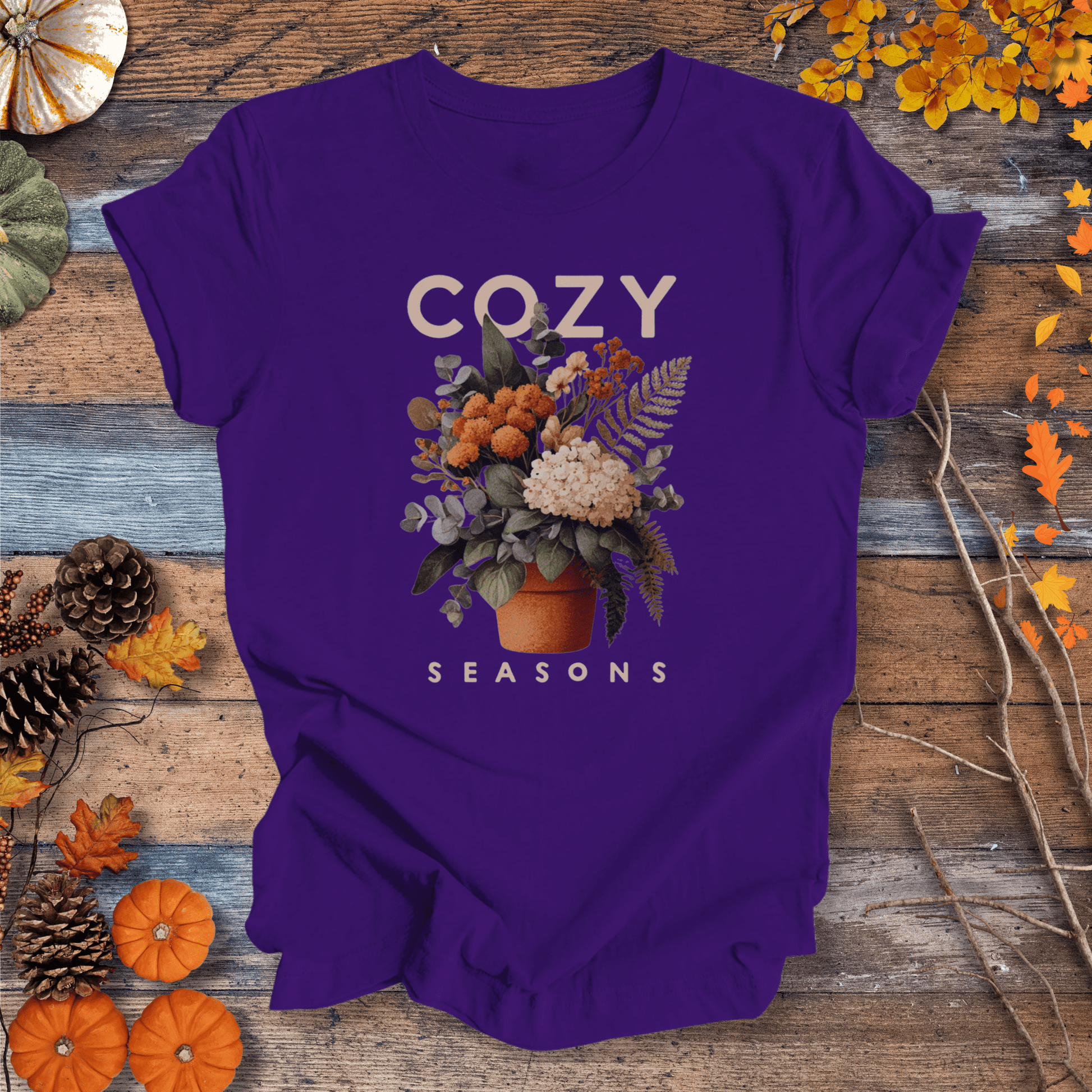 Printify T-Shirt Solid Purple Rush / S Cozy Seasons Botanical Shirt – Fall Plant Lover Tee | Unisex