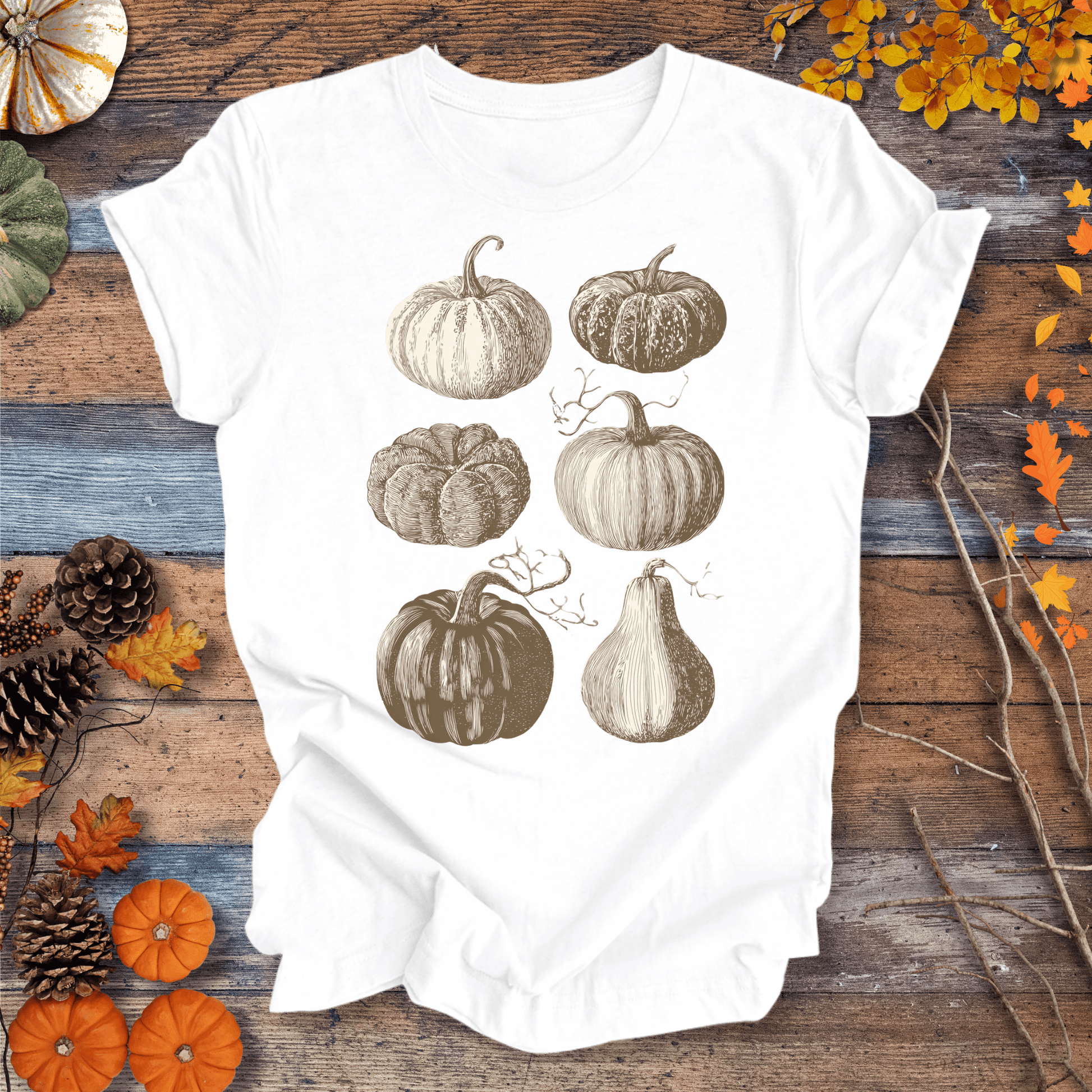 Printify T-Shirt Solid White / XS Vintage Pumpkin Art T-Shirt – Botanical Fall Shirt | Unisex Cotton