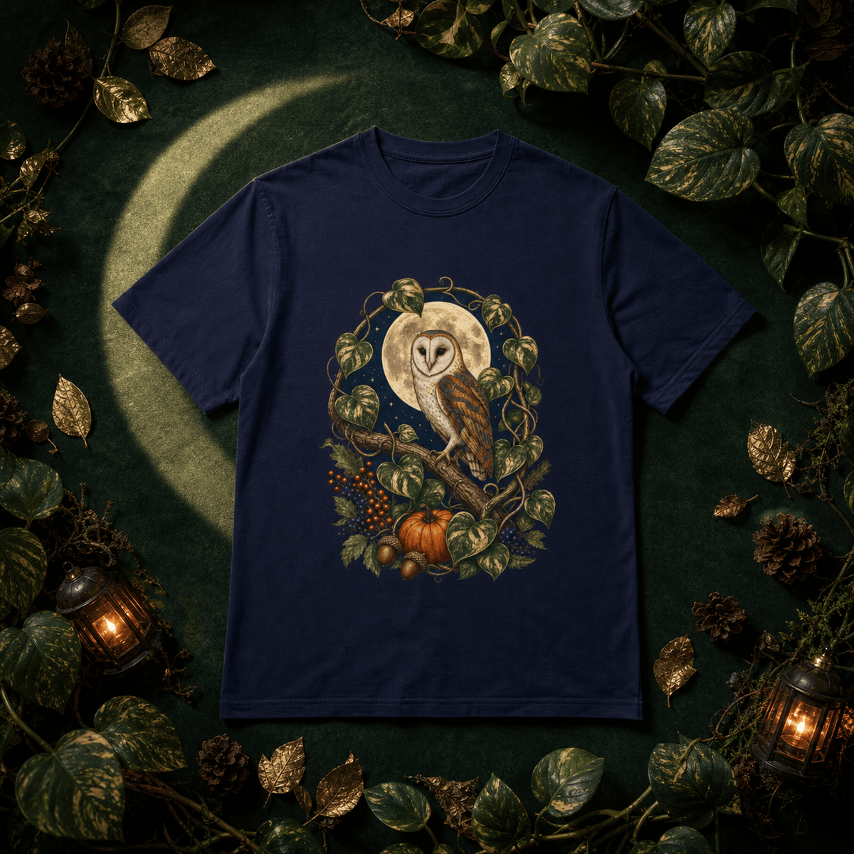 Botanical Vibes T-Shirt True Navy / S Owl and Pothos T-Shirt - Autumn Moon Garden Art